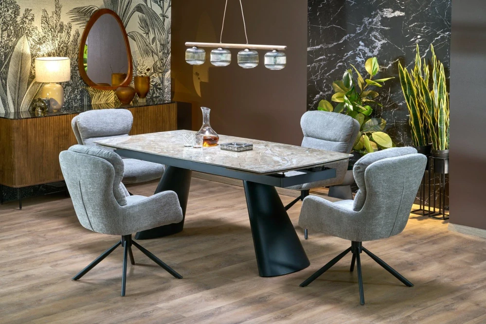 VINCE 180-238 rozkladací jedálenský stôl, hnedý mramor / čierny