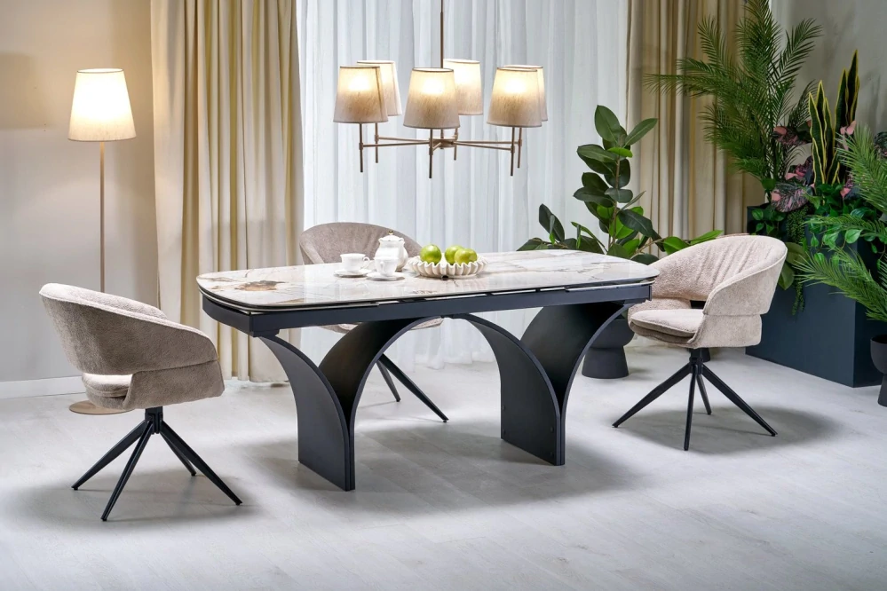 ALTER 180-260 oválny jedálenský stôl, béžový mramor, čierne nohy
